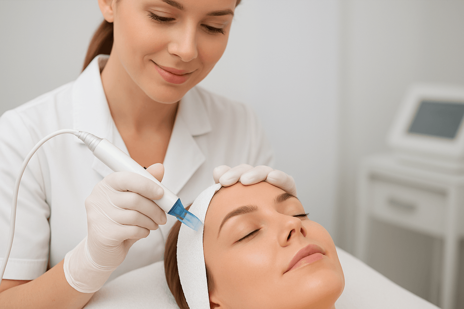 Close-up of aesthetic practitioner performing microneedling treatment on client