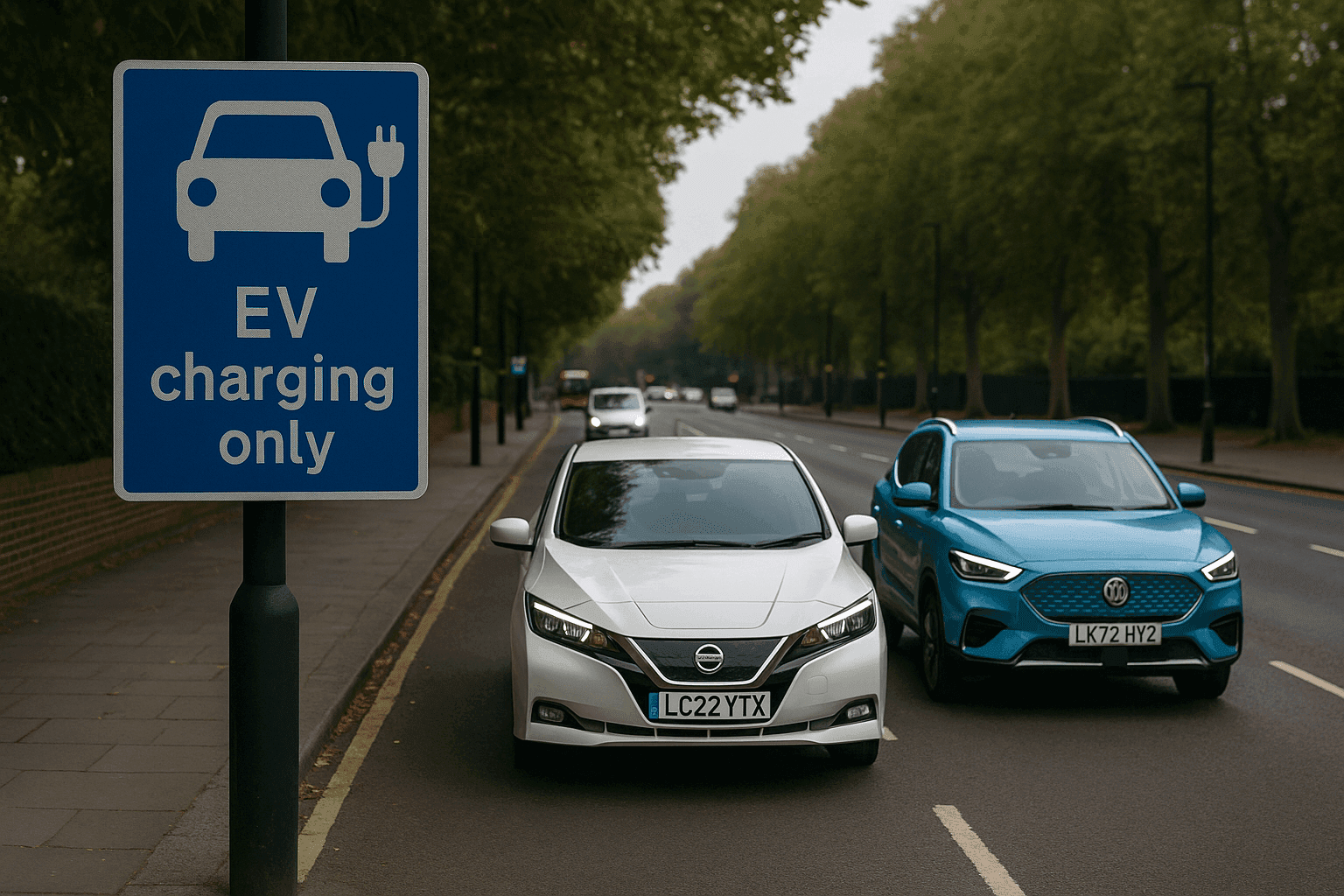 Electric vehicles and EV charging sign in the UK under 2025 road safety regulations