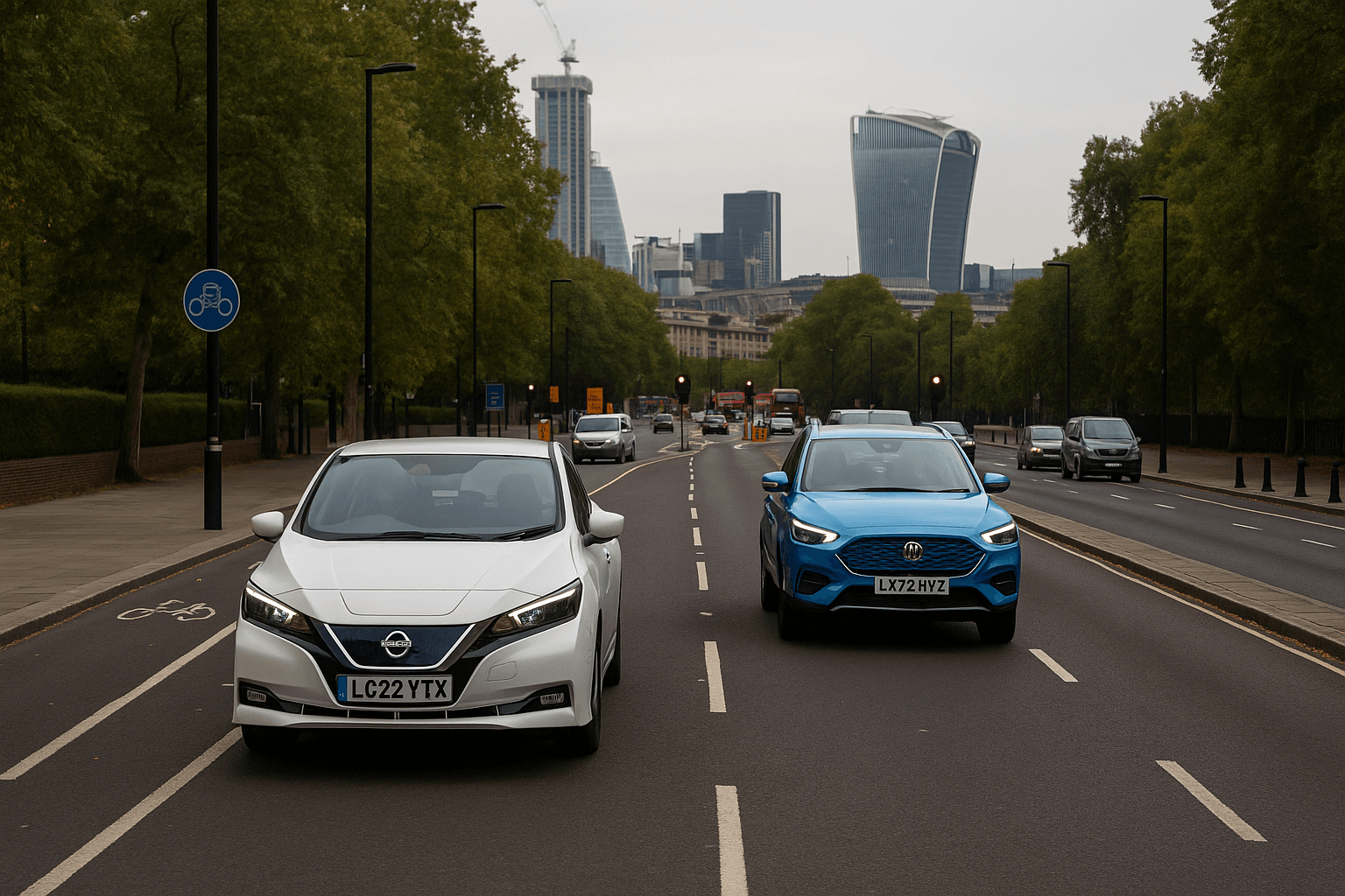 Modern UK road with electric vehicles representing 2025 vehicle safety regulations – Prime Legal Solicitors