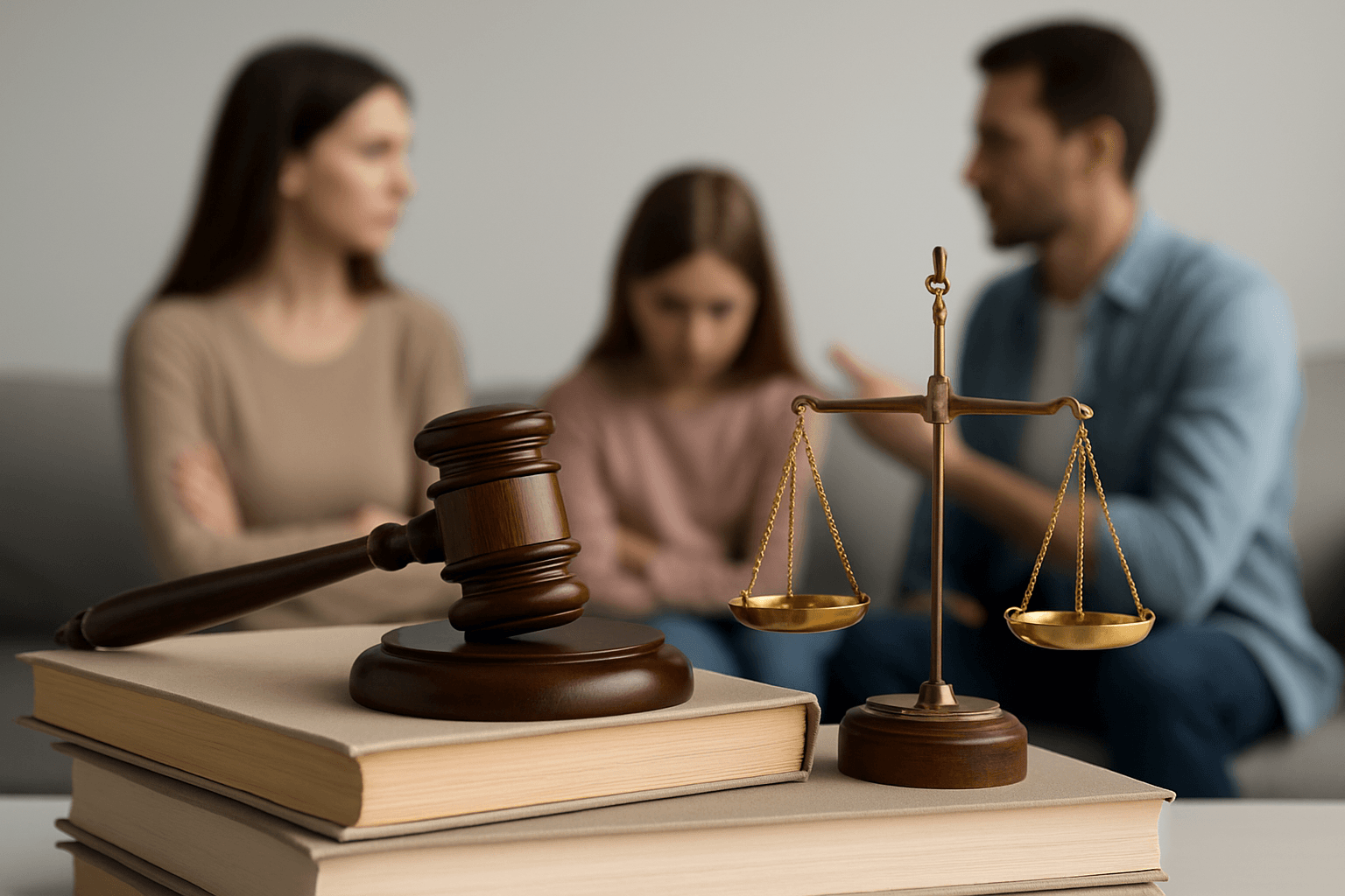 Family court gavel and scales of justice with parents and child in the background