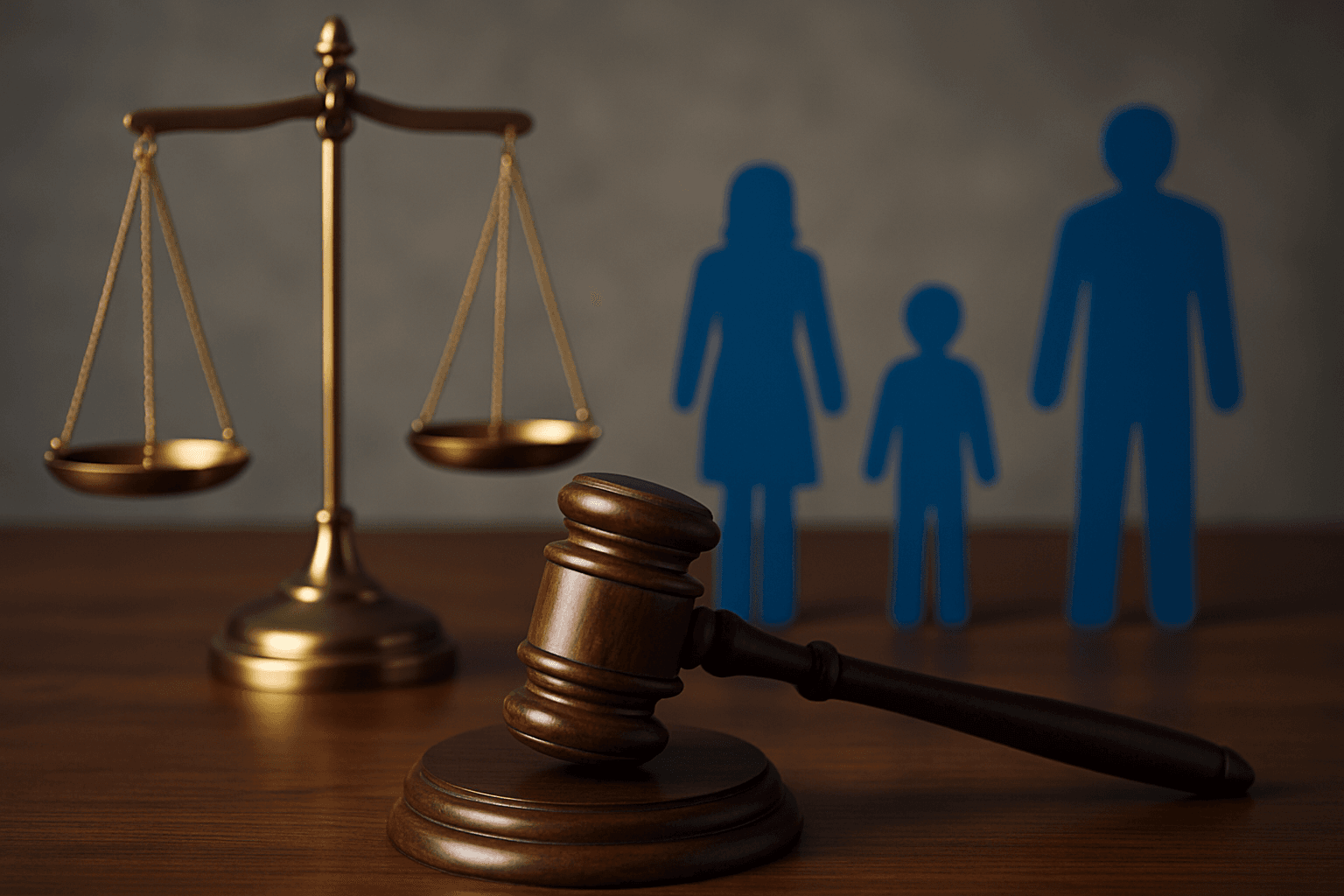 Family court gavel and scales of justice with symbolic family figures in the background