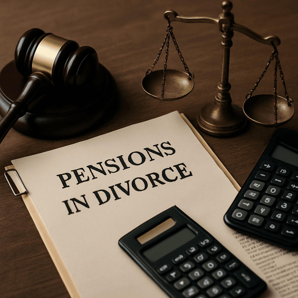 Scales of justice and legal documents representing pensions in divorce settlements