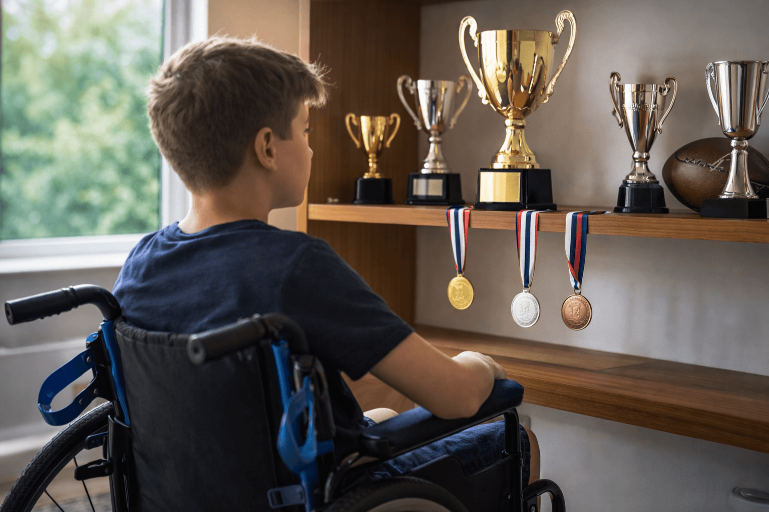 Young wheelchair user looking at trophies and medals, representing serious injury claims UK and long-term rehabilitation support