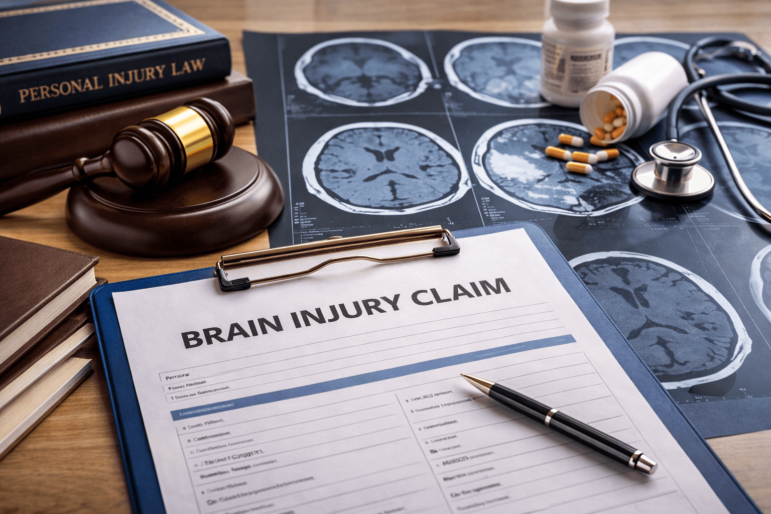 Brain injury claims UK concept showing medical brain scans, legal documents and compensation claim form on a desk