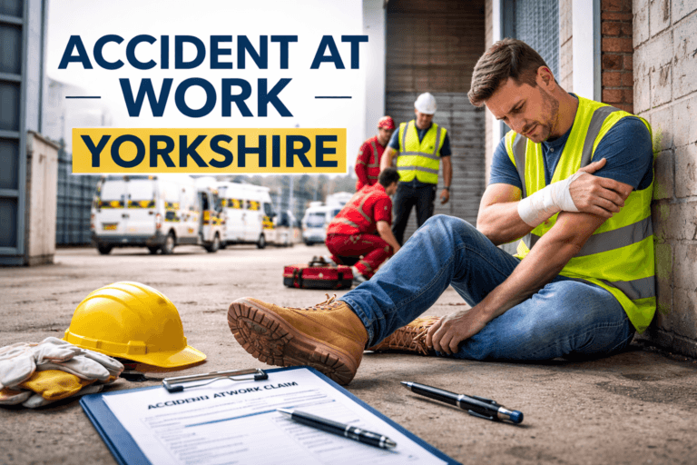 Injured construction worker sitting outside workplace in Yorkshire with accident at work claim documents and safety equipment