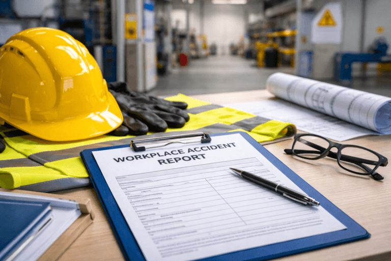 Workplace accident report form with safety helmet and high-visibility vest on an industrial desk