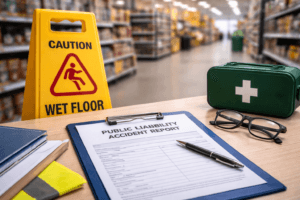 Public liability claims UK concept showing wet floor warning sign and accident report in a supermarket