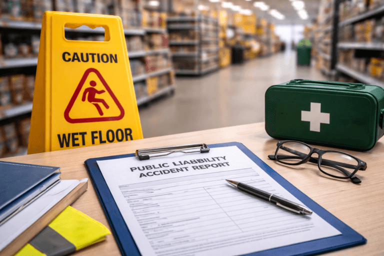Public liability claims UK concept showing wet floor warning sign and accident report in a supermarket