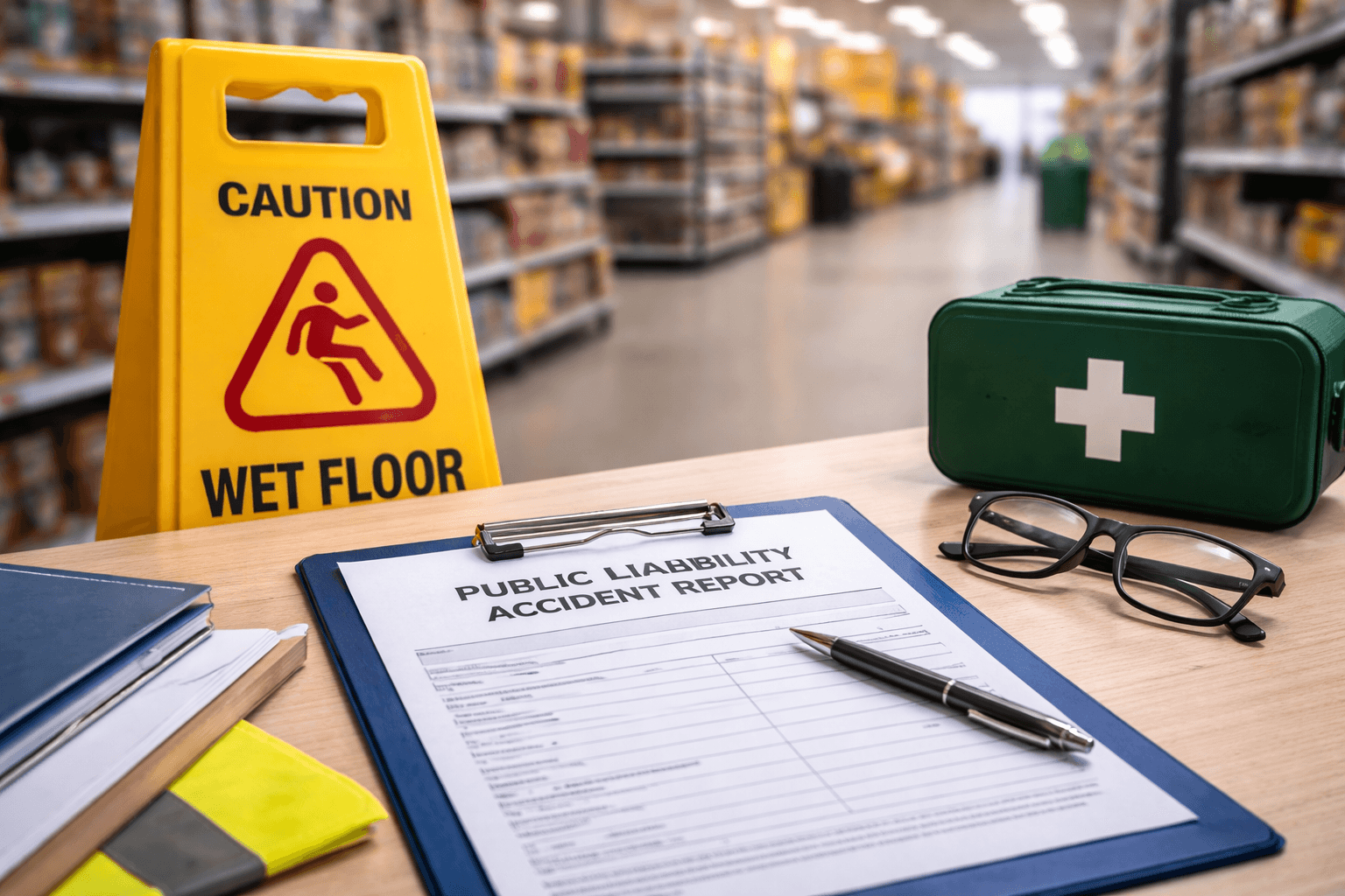 Public liability claims UK concept showing wet floor warning sign and accident report in a supermarket