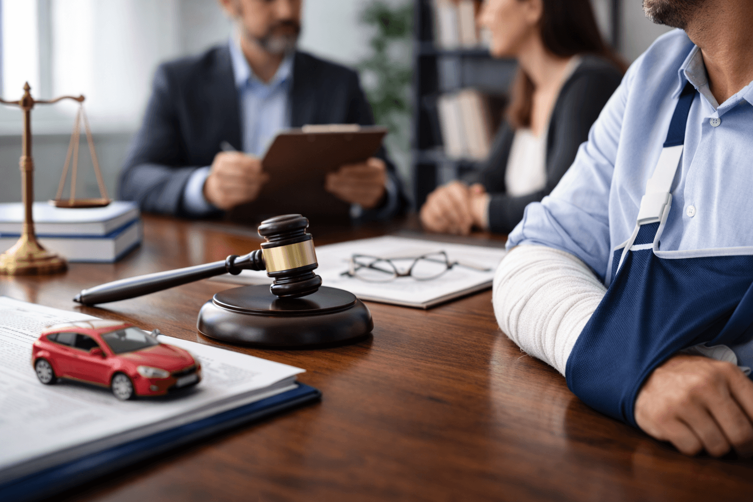 Personal injury solicitor consulting injured client with arm sling, legal documents, gavel, and model car on desk