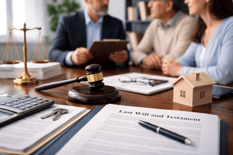 Wills and probate consultation with solicitor reviewing will documents, estate papers, and legal forms on desk