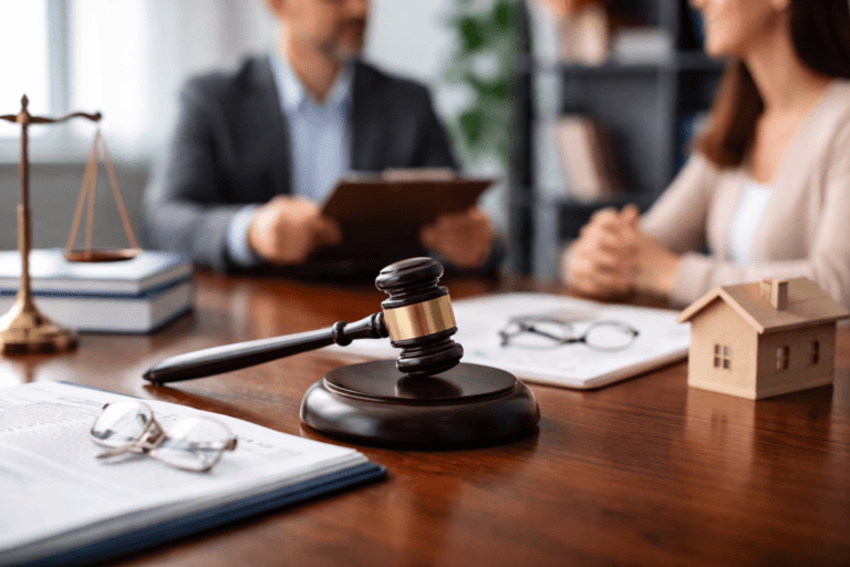 Family law consultation with solicitor discussing legal documents, with gavel, scales of justice, and property model on desk