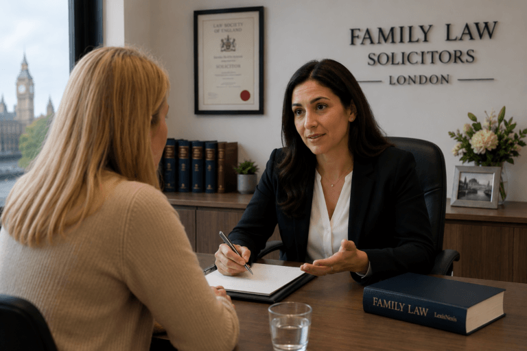 Family law London solicitor advising client at consultation