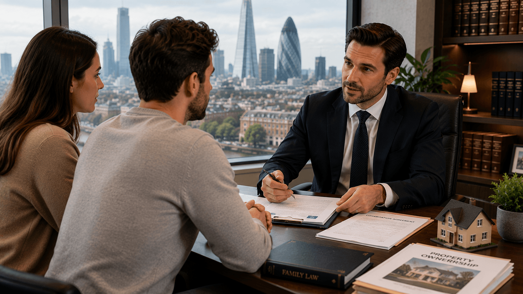 Family solicitor advising an unmarried couple about cohabitation rights in London.