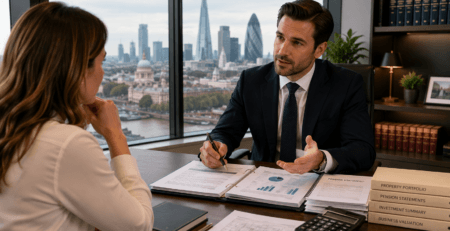 Solicitor advising a client about a divorce financial settlement in London.