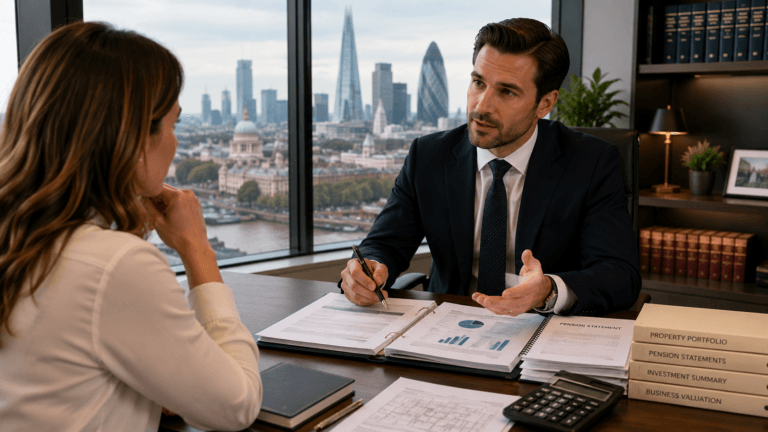 Solicitor advising a client about a divorce financial settlement in London.