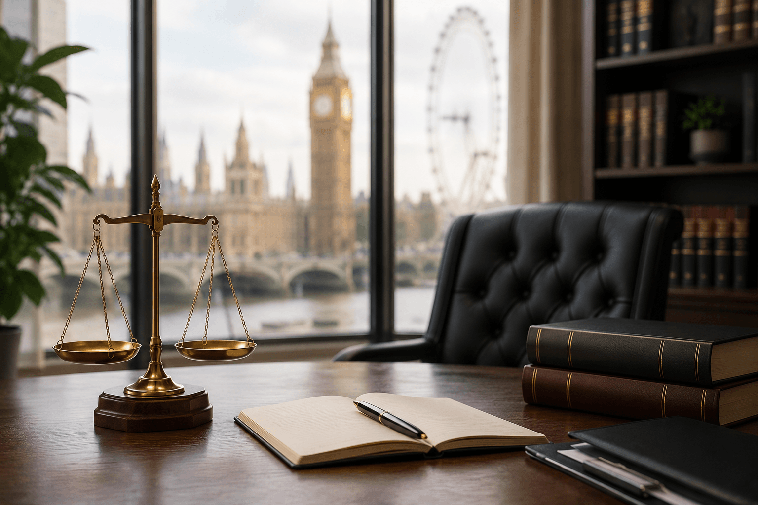 Professional family law solicitor office in London with scales of justice and London skyline in the background.