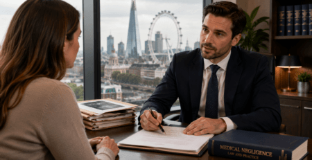 Solicitor advising a client about a medical negligence claim in London.