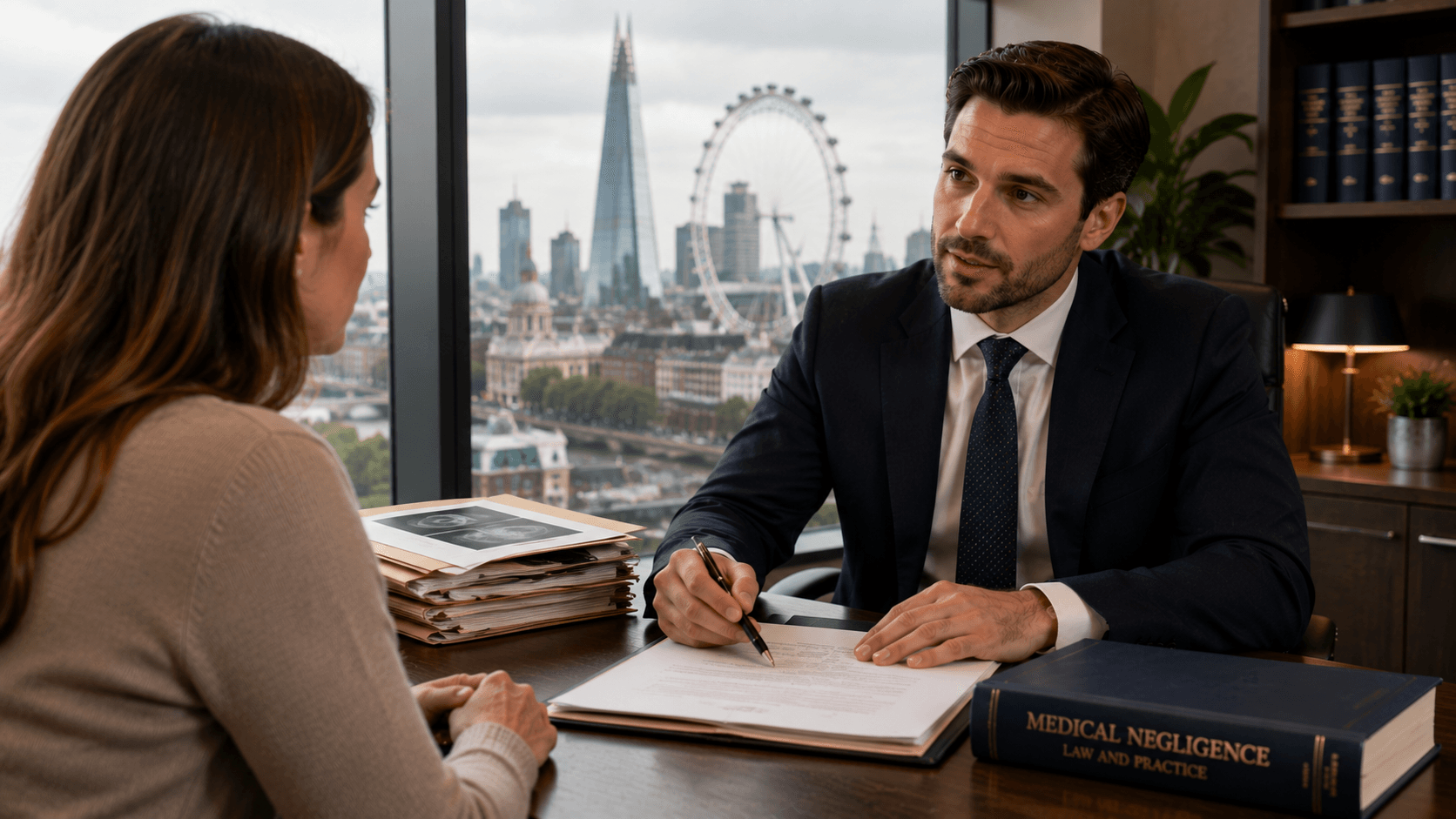 Solicitor advising a client about a medical negligence claim in London.
