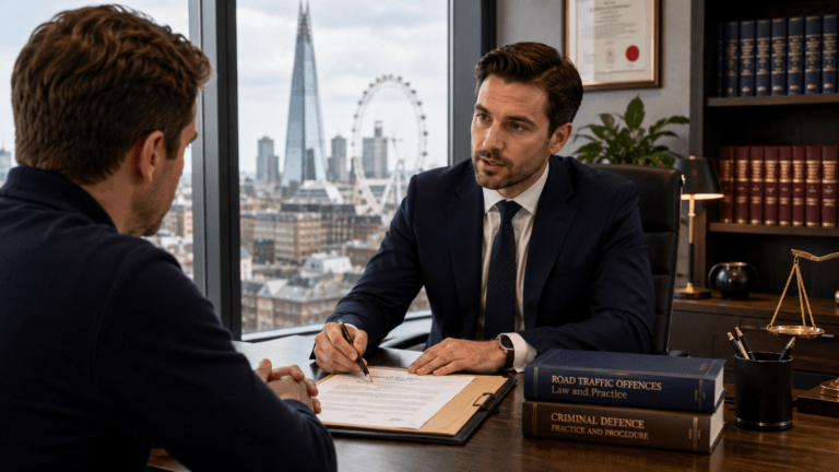 Solicitor advising a client about a motoring offence in London.