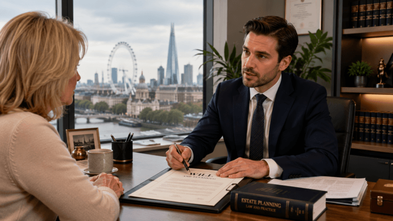Solicitor advising a client about wills and probate in London.