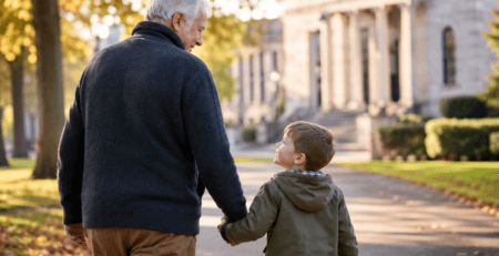 Grandparent walking with grandchild in a UK park representing grandparents' rights and Child Arrangements Orders.