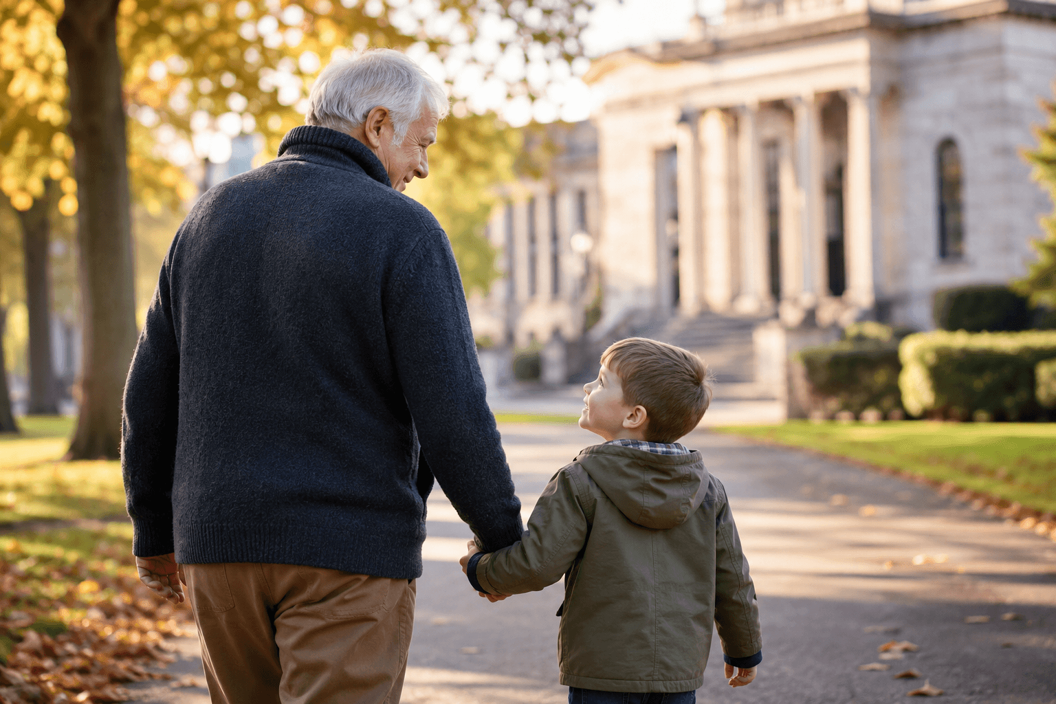 Grandparent walking with grandchild in a UK park representing grandparents' rights and Child Arrangements Orders.