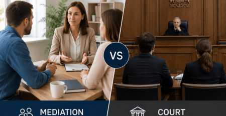 Parents discussing child arrangements with a family mediator representing mediation versus court in the UK.