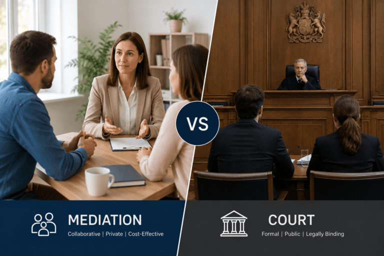 Parents discussing child arrangements with a family mediator representing mediation versus court in the UK.