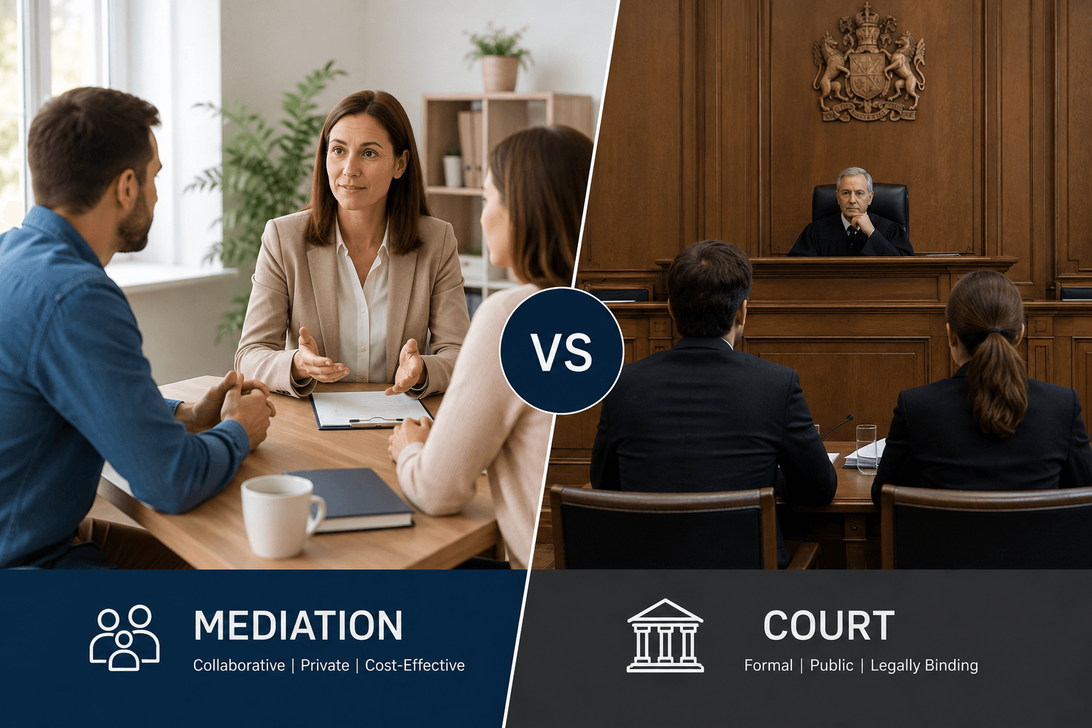 Parents discussing child arrangements with a family mediator representing mediation versus court in the UK.